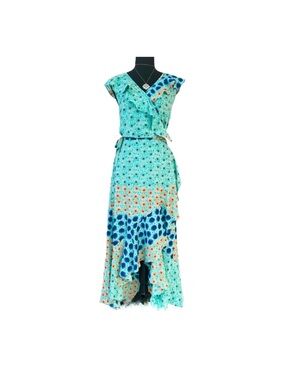 DONNA MORGAN ~ Teal Orange Blue Ruffled Floral High Low Wrap Dress size 16